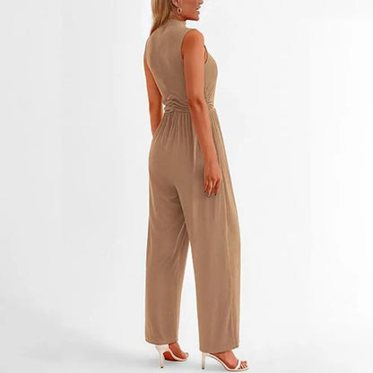 Women's Sleeveless Jumpsuit - High Neck - Wide Leg - Fitted Torso with Pockets