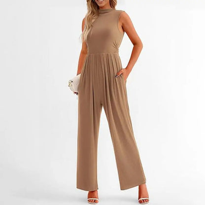 Women's Sleeveless Jumpsuit - High Neck - Wide Leg - Fitted Torso with Pockets