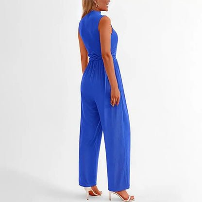Women's Sleeveless Jumpsuit - High Neck - Wide Leg - Fitted Torso with Pockets