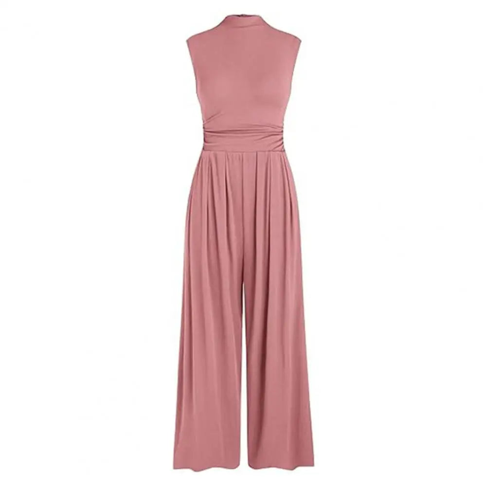 Women's Sleeveless Jumpsuit - High Neck - Wide Leg - Fitted Torso with Pockets
