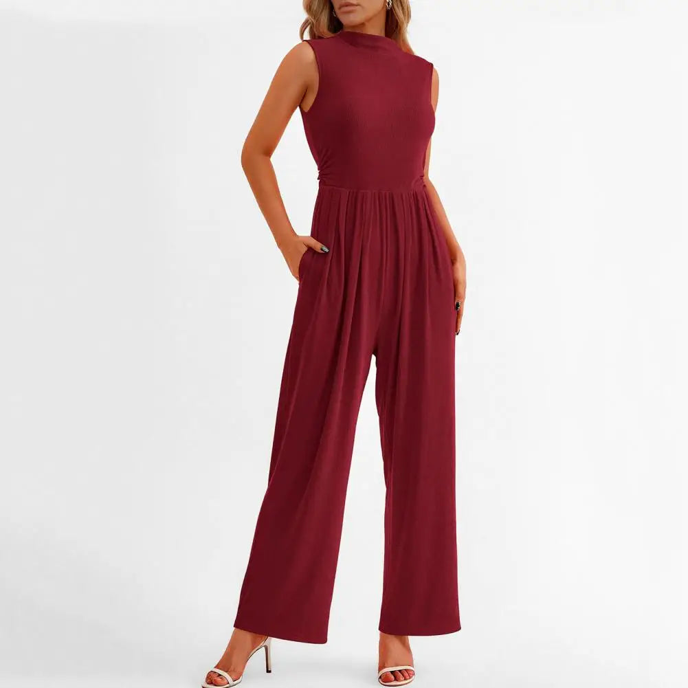 Women's Sleeveless Jumpsuit - High Neck - Wide Leg - Fitted Torso with Pockets