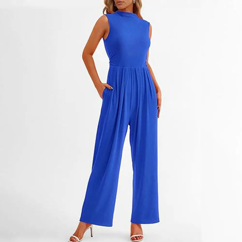 Women's Sleeveless Jumpsuit - High Neck - Wide Leg - Fitted Torso with Pockets