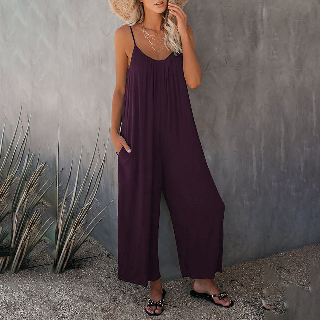 Women's Jumpsuit - Sleeveless V-Neck - Wide-Leg Relaxed Fit - With Pockets