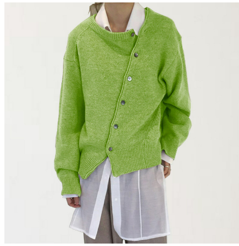 Women's round neck diagonal button-up knit cardigan