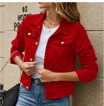 Women's button down denim jacket with lapel collar