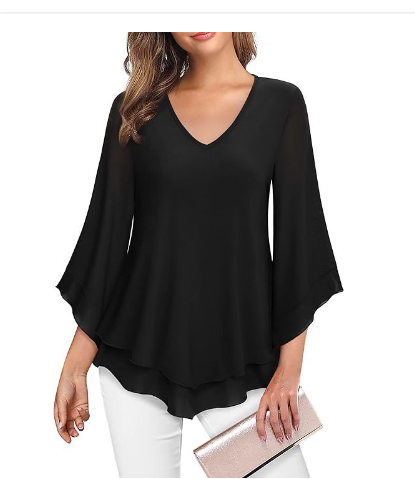 Women's Blouse - V-Neck Layered Design - Loose Bell Sleeves - Flowy Elegant Fit