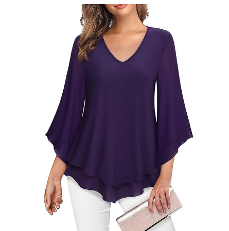 Flowy Layered Bell Sleeve V-Neck Blouse