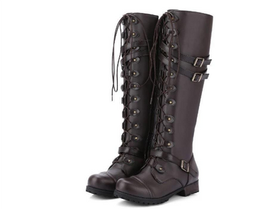 Women's waterproof faux leather knee-high boots with round head and belt buckle