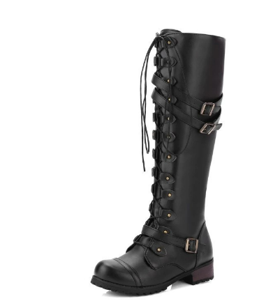 Women's waterproof faux leather knee-high boots with round head and belt buckle