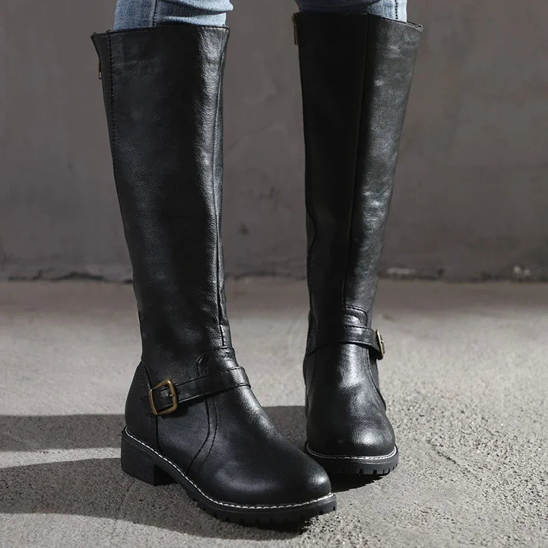 Women’s Knee-High Boots – Sleek Fit – Buckle Detail – Leather-Like Finish – Lug Sole
