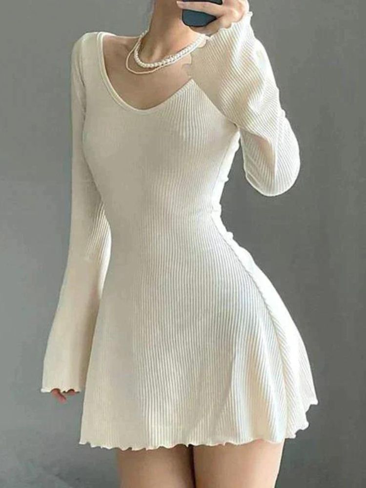 Women's Knitted Mini Dress - Ribbed Texture - Long Sleeve - Scalloped Hem - Slim Fit