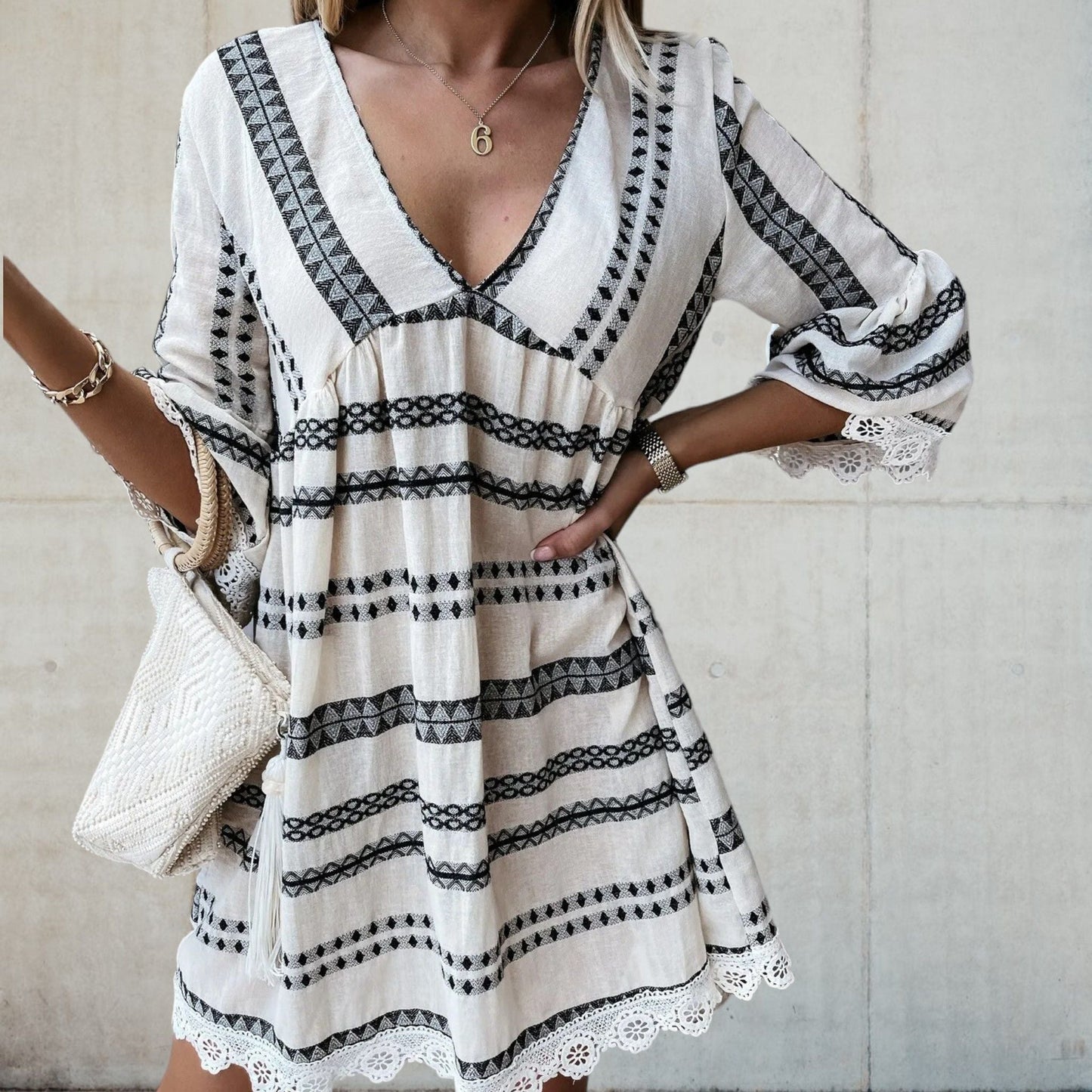 Women's V-Neck Mini Dress - Bohemian Woven Pattern - Loose Fit - 3/4 Sleeve Lace Trim