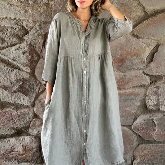 Linen Relaxed Fit Button-Front Long Dress