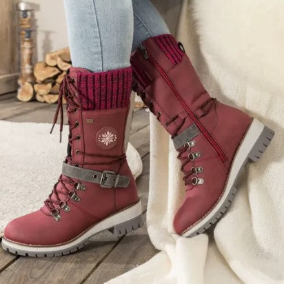 Women's mid-calf knitted boots with laces zipper and buckles