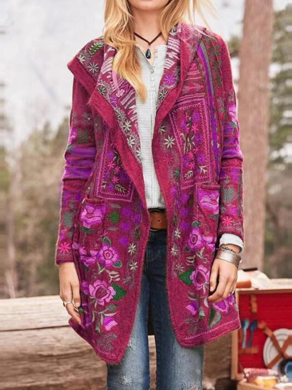 Women's boho floral print casual long-sleeved jacket