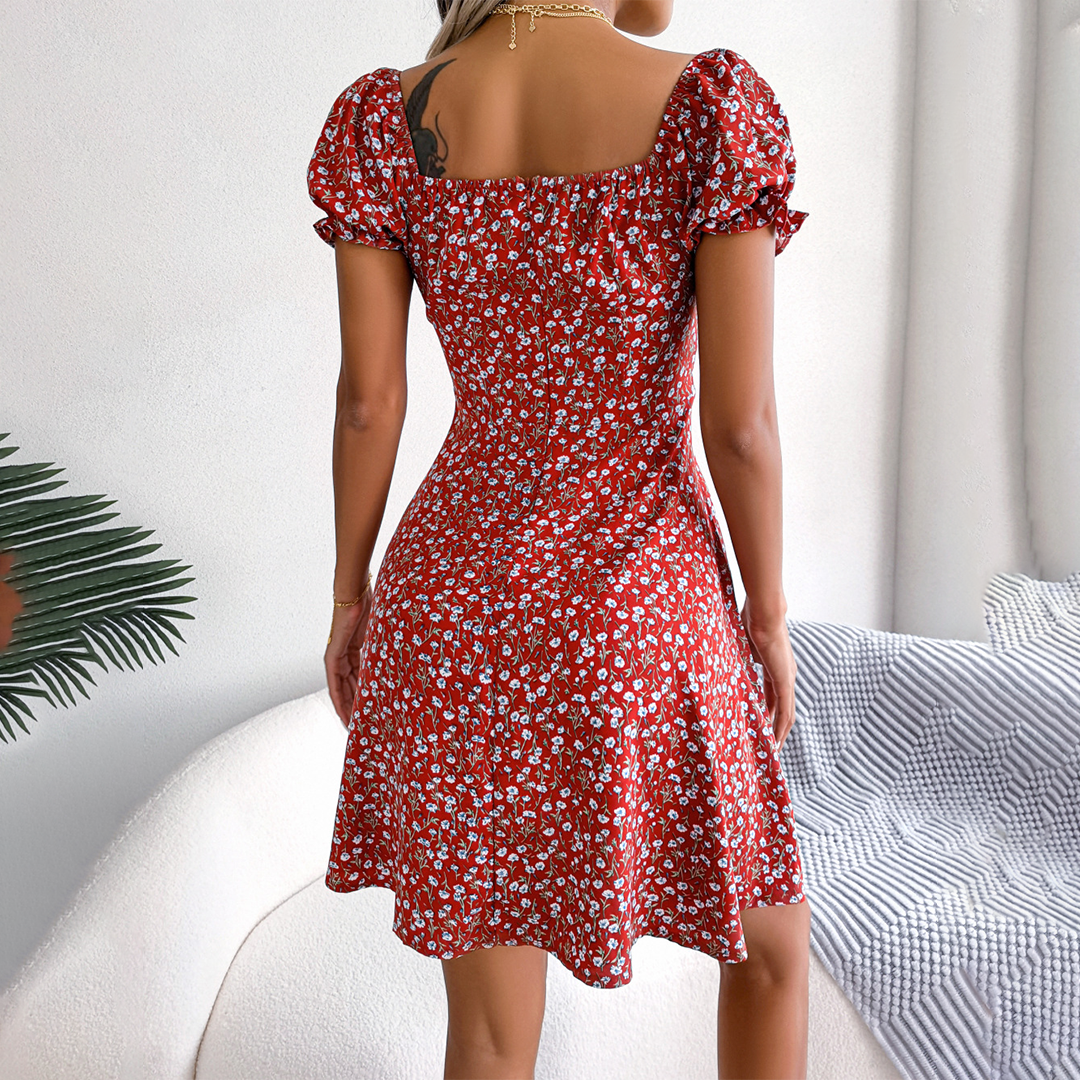 Women's A-Line Mini Dress - Sweetheart Neckline - Puff Sleeves - Floral Print