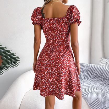 Women's A-Line Mini Dress - Sweetheart Neckline - Puff Sleeves - Floral Print