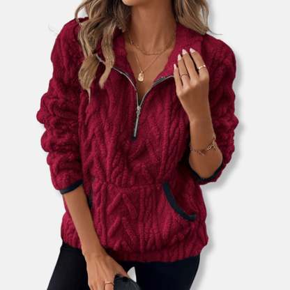Women’s Sweatshirt - Fleece - Relaxed Fit - Stand Collar Half-Zip - Kangaroo Pocket