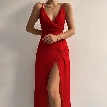 Women’s Evening Dress – Satin Slim Fit – Plunging Neckline – High Slit Floor Length