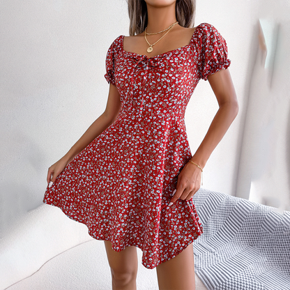 Women's A-Line Mini Dress - Sweetheart Neckline - Puff Sleeves - Floral Print