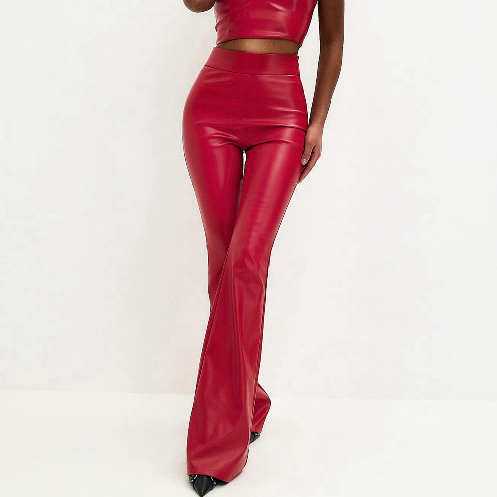 High-waisted faux leather flared pants for women