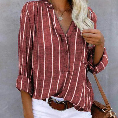 Women's Striped Blouse - V-Neck Buttoned - 3/4 Roll-Up Sleeve - Relaxed Fit