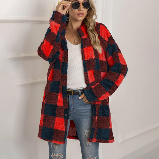 Plush Plaid Button-Down Midi Coat