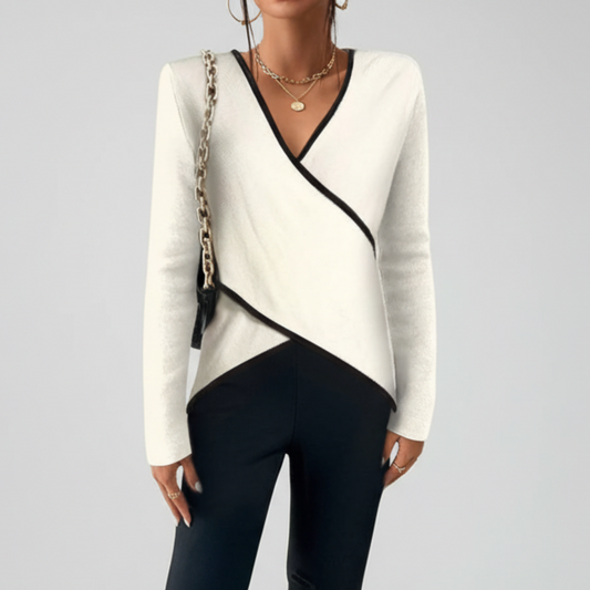 Asymmetric Hemline Ivory V-Neck Sweater Top