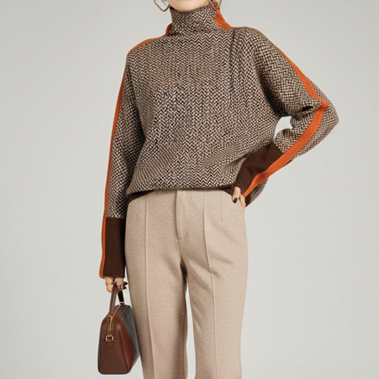 Herringbone Knit Relaxed Fit Turtleneck Sweater