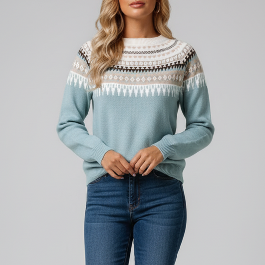 Fair Isle Pattern Knit Sweater With Ribbing