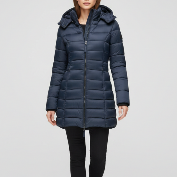 Women’s Long Puffer Jacket – Fitted Quilted Design – Water-Resistant – Detachable Hood