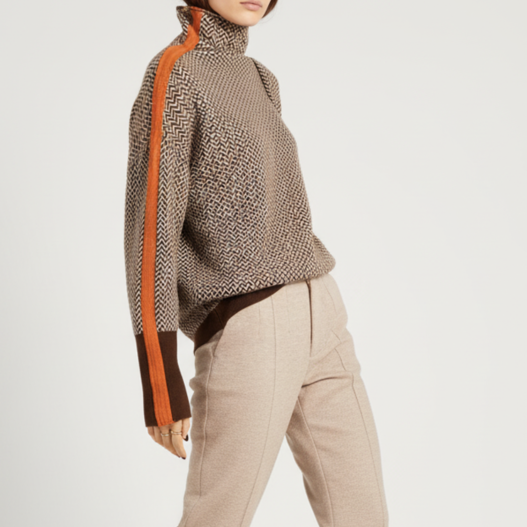Herringbone Knit Relaxed Fit Turtleneck Sweater