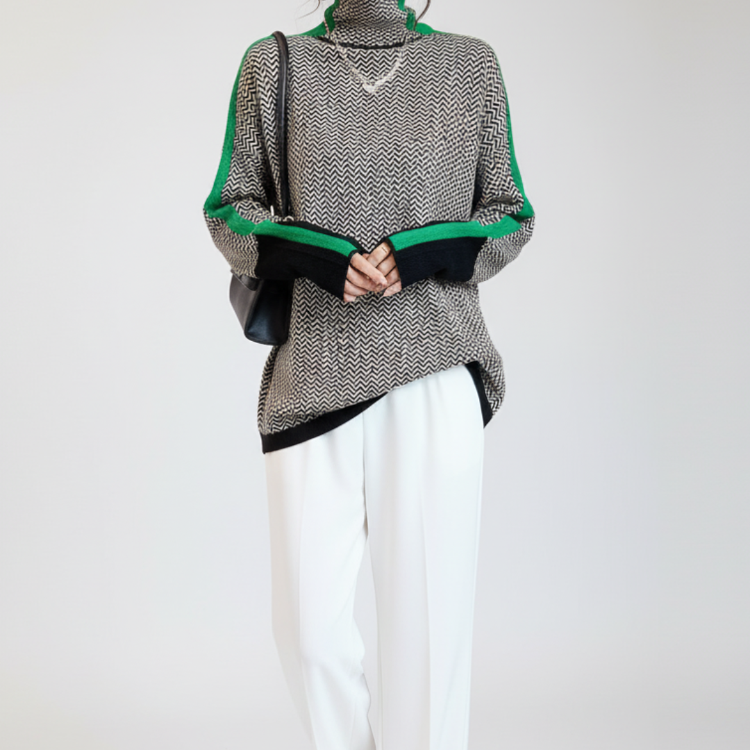 Women’s Turtleneck Sweater - Herringbone Knit - Relaxed Fit - Contrast Sleeve Stripes