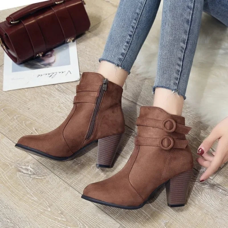 Women's retro belt buckle block heel boots
