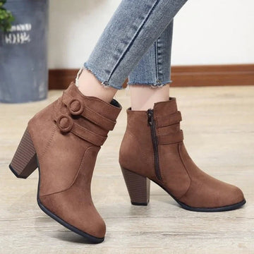 Women's retro belt buckle block heel boots