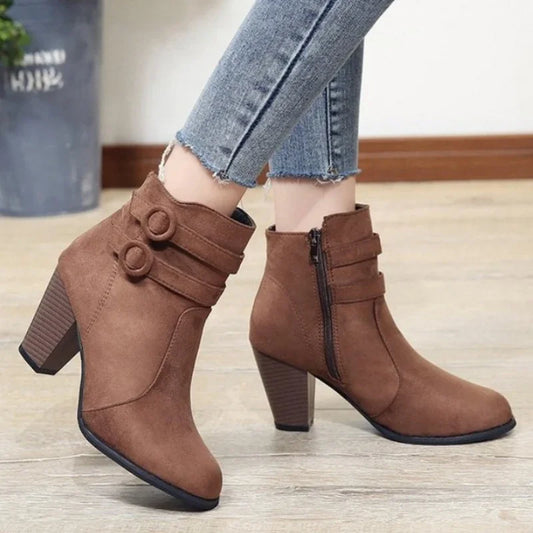 Retro Block Heel Buckle Boots