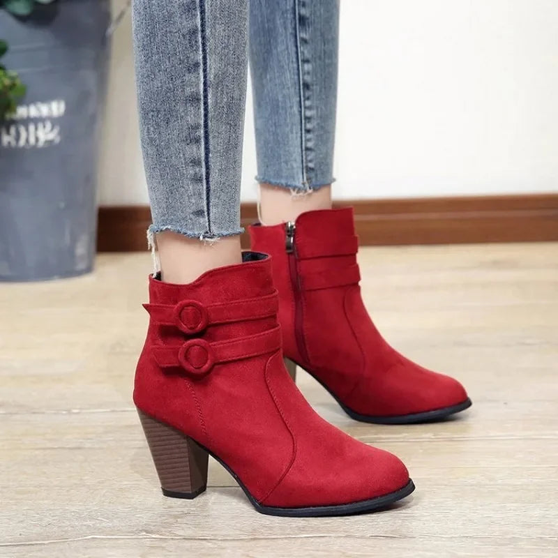 Women's retro belt buckle block heel boots