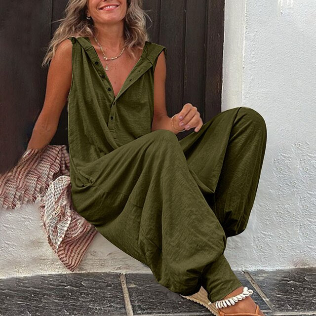 Women's Sleeveless Jumpsuit - Relaxed Fit - Wide Leg - Lightweight Button-Up