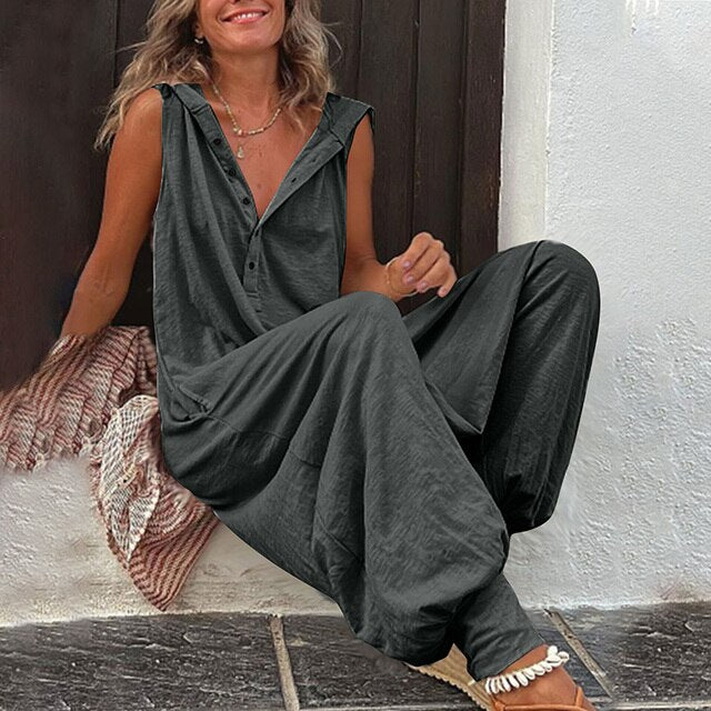 Women's Sleeveless Jumpsuit - Relaxed Fit - Wide Leg - Lightweight Button-Up