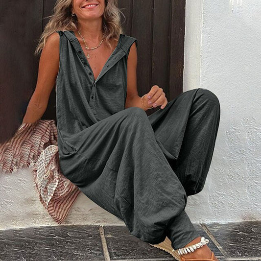 Relaxed Fit Lightweight Button-Up Sleeveless Jumpsuit