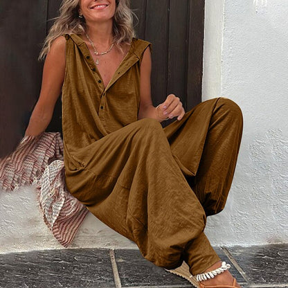 Women's Sleeveless Jumpsuit - Relaxed Fit - Wide Leg - Lightweight Button-Up