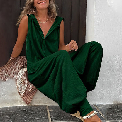 Women's Sleeveless Jumpsuit - Relaxed Fit - Wide Leg - Lightweight Button-Up