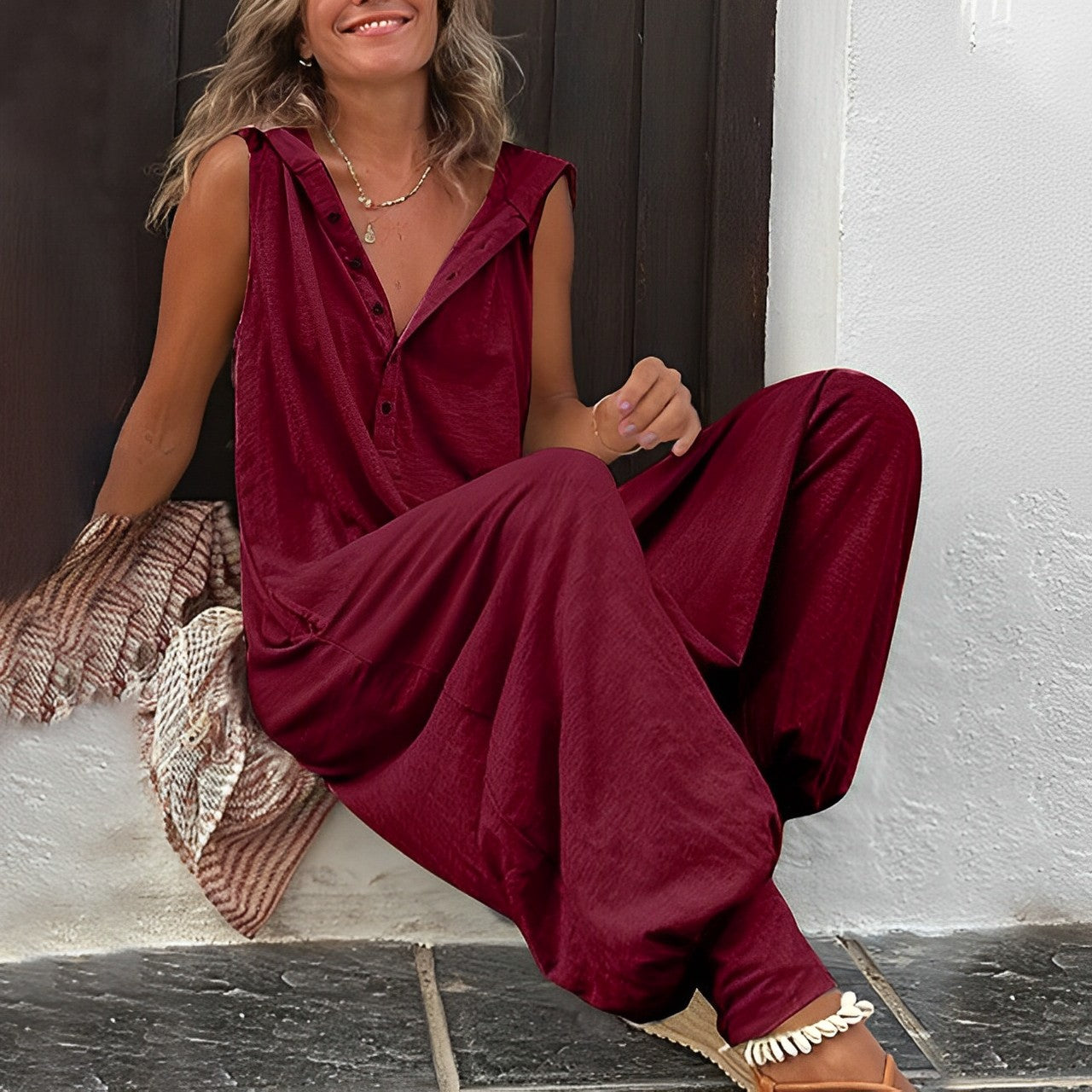 Women's Sleeveless Jumpsuit - Relaxed Fit - Wide Leg - Lightweight Button-Up