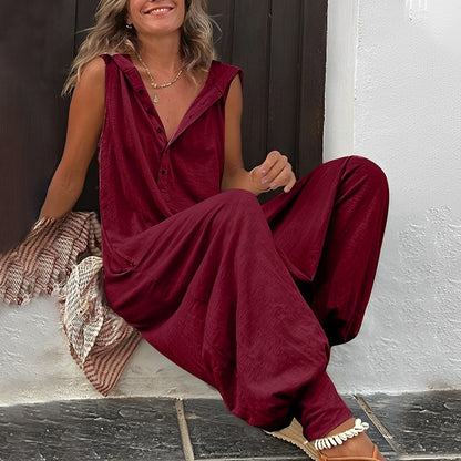 Women's Sleeveless Jumpsuit - Relaxed Fit - Wide Leg - Lightweight Button-Up
