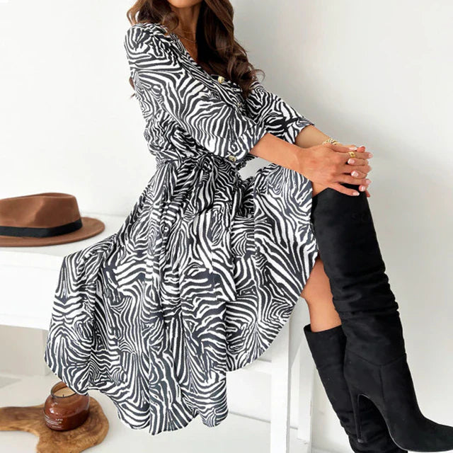 Animal Print Fit-and-Flare Tie Waist Dress