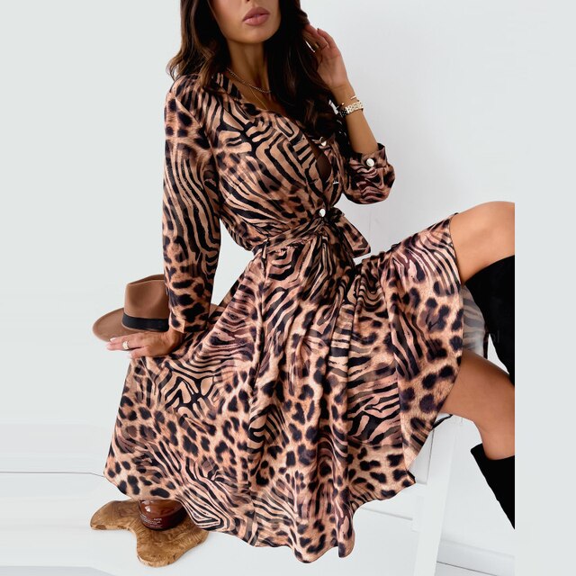 Animal Print Fit-and-Flare Tie Waist Dress