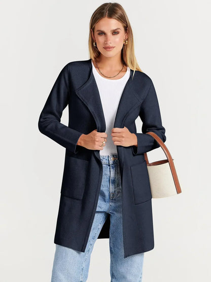 Women’s Long Coat - Wool Blend - Tailored Fit - Open Front with Notched Lapels