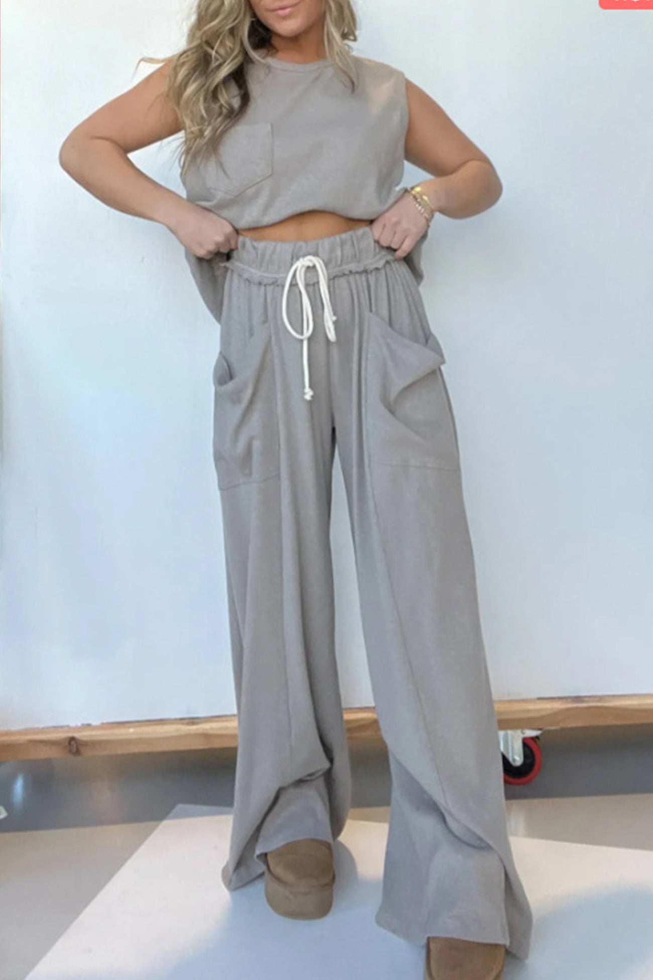 Women's ribbed tank top and wide leg pants set