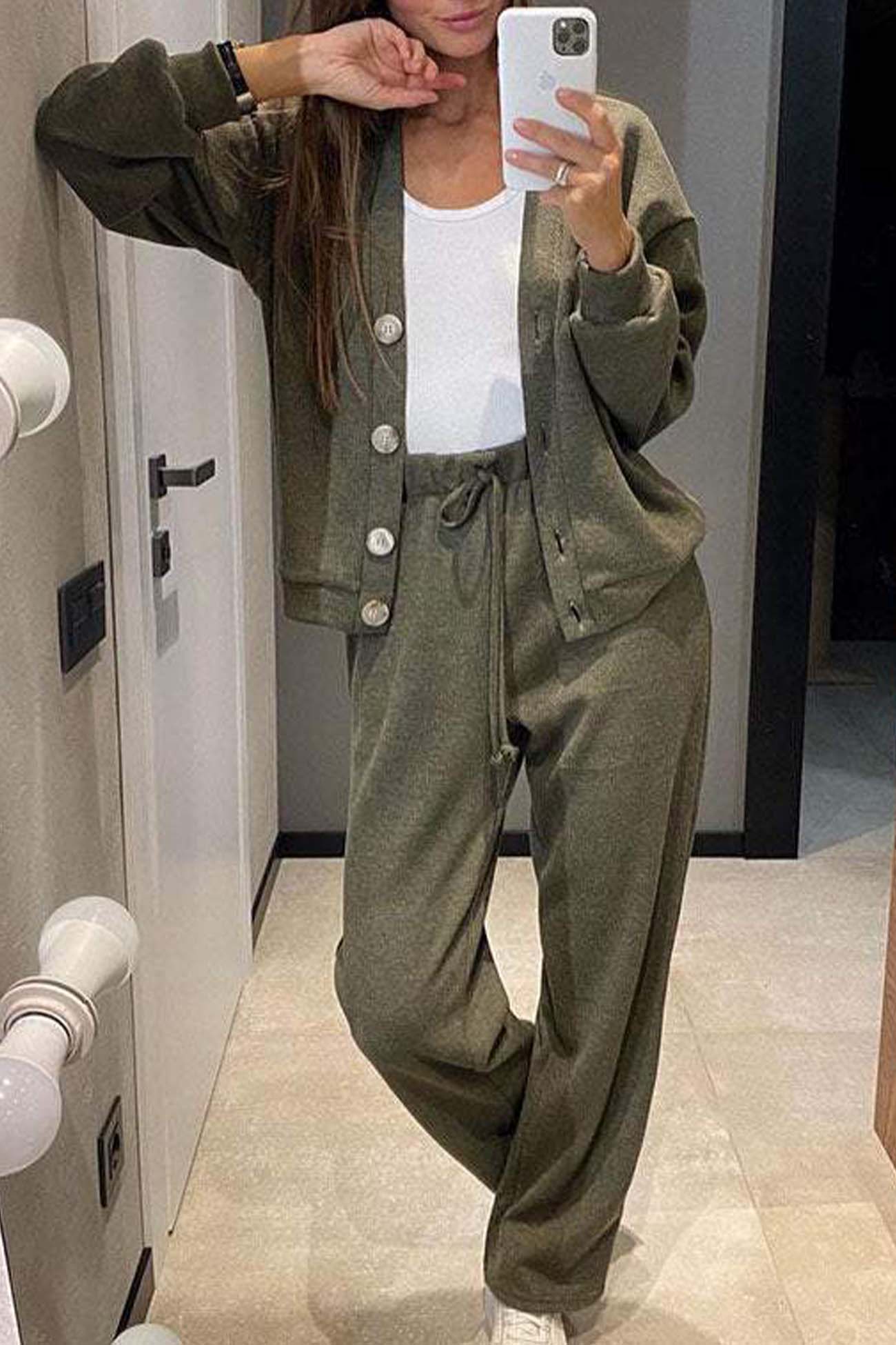 Women's solid color button-down cardigan and long pants set