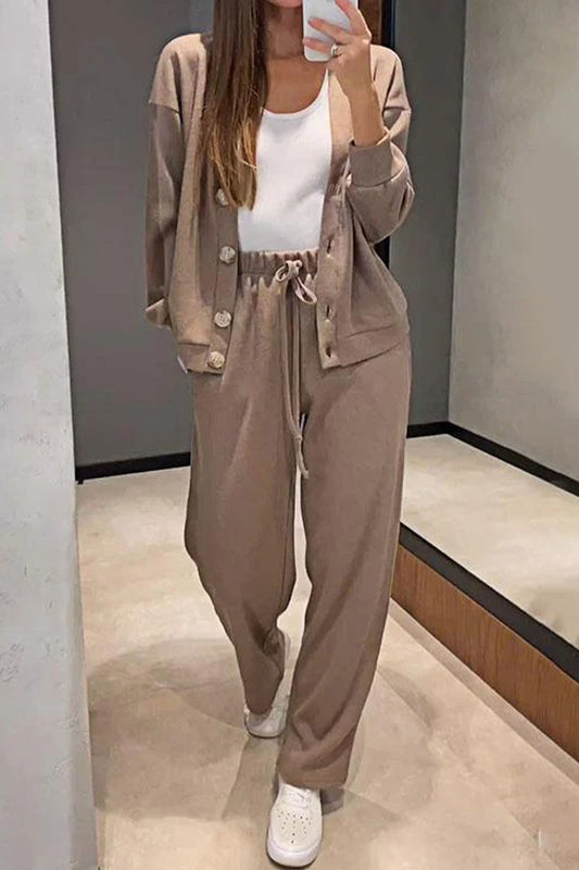 Solid Color Button-Down Cardigan and Pants Set